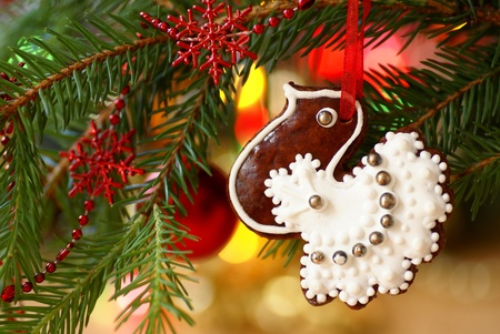 Christmas homemade gingerbread decoration on a tree.の写真素材