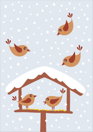 Cute birds are looking for food in the winterのイラスト素材