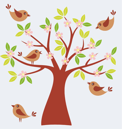 Vector illustration of spring tree with cute birds.のイラスト素材