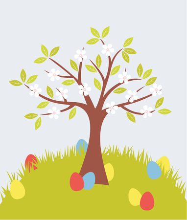 Blowing tree and easter eggs in grass.のイラスト素材