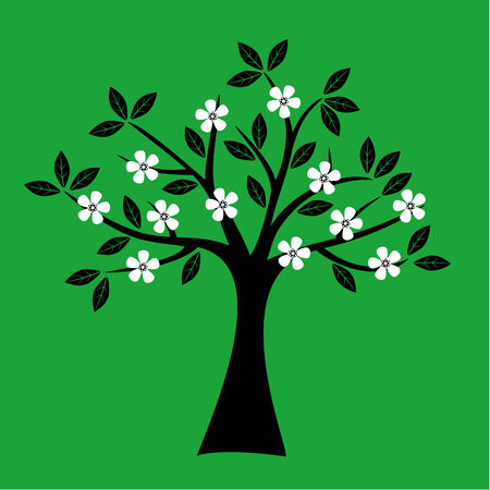Simple spring tree silhouette on green backgroundのイラスト素材