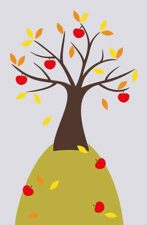 Apple tree with ripe fruits and colored leavesのイラスト素材