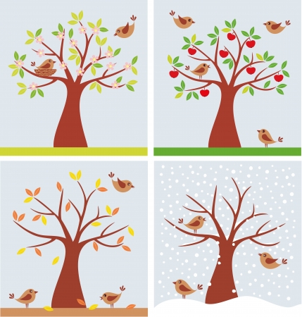illustration of tree and cute birds in four seasons.のイラスト素材