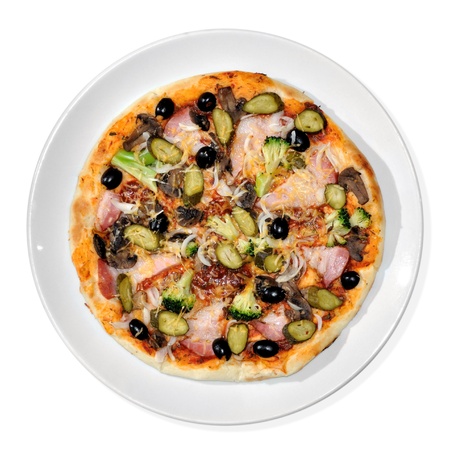 hot Italian pizza with bacon, fresh vegetables, mushrooms and olivesの写真素材