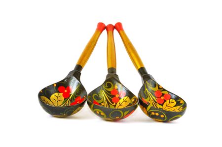 set of russian national artistic wooden spoons, isolated on whiteの写真素材