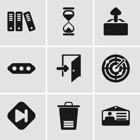 Set Of 9 simple editable icons such as Id card, Trash, Skip, Radar, Exit, More, Upload, Hourglass, Archive, can be used for mobile, pixel perfect vector icon packのイラスト素材