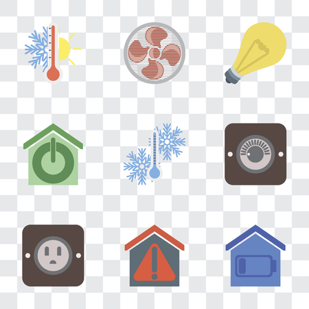 Set Of 9 simple transparency icons such as Smart home, Plug, Dimmer, Temperature, Light, Fan, Thermostat, can be used for mobile, pixel perfect vector icon pack on transparentのイラスト素材