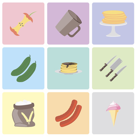 Set Of 9 simple editable icons such as Ice cream, Sausage, Flour, Knives, Pancakes, Cucumber, Mug, Apple, can be used for mobile, pixel perfect vector icon packのイラスト素材