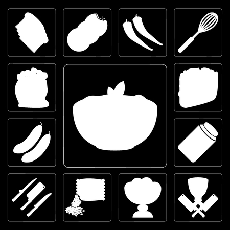 Set Of 13 simple editable icons such as Pasta, Butcher, Ice cream, Seeds, Knives, Honey, Cucumber, Taco, Flour on black backgroundのイラスト素材