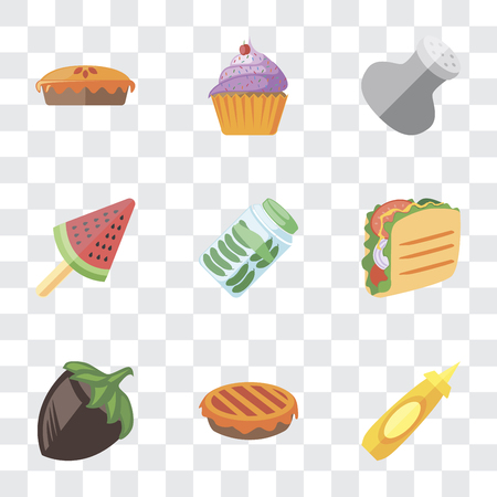 Set Of 9 simple transparency icons such as Mustard, Pie, Hazelnut, Taco, Pickles, Ice cream, Salt, Cupcake, can be used for mobile, pixel perfect vector icon pack on transparent backgroundのイラスト素材