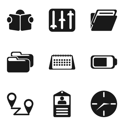 Set Of 9 simple editable icons such as Clock, Id card, Placeholders, Battery, Calendar, Folder, Controls, Reading, can be used for mobile, pixel perfect vector icon packのイラスト素材