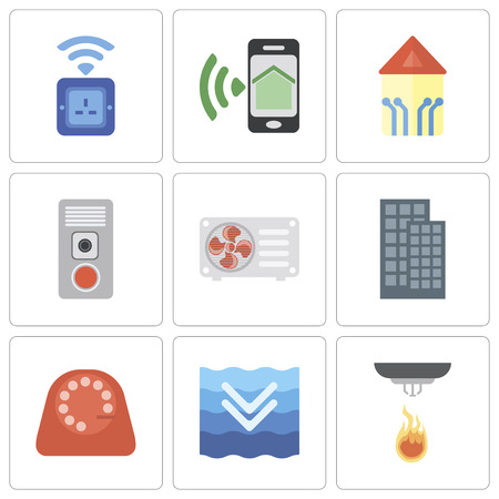 Set Of 9 simple editable icons such as Sensor, Deep, Dial, Smart home, Air conditioner, Intercom, Smartphone, Socket, can be used for mobile, pixel perfect vector icon packのイラスト素材