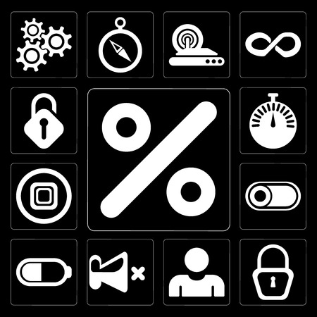 Set Of 13 simple editable icons such as Percent, Locked, User, Mute, Battery, Switch, Stop, Stopwatch, Unlocked on black backgroundのイラスト素材