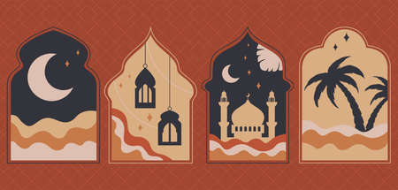 Set Of Oriental Muslim Windows With Crescent, Mosque, Palm, Lantern Vector Illustration In Flat Styleのイラスト素材