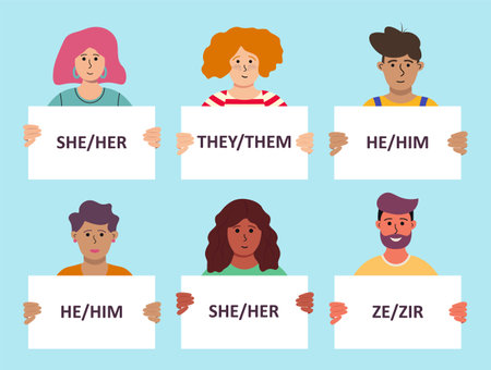 People Holding Signs With Gender Pronouns. She, He, They, Non-binary, Ze. Vector illustration In Flat Styleのイラスト素材