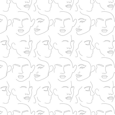 Minimalistic Pattern With One Line Women Faces Hand Drawn Vector Illustration In Contemporary Styleのイラスト素材
