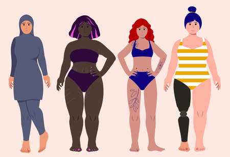 Girls In Swimsuites. Stretch Marks, Prosthetic, Tattoes, Burkini Vector Illustration In Flat Styleのイラスト素材