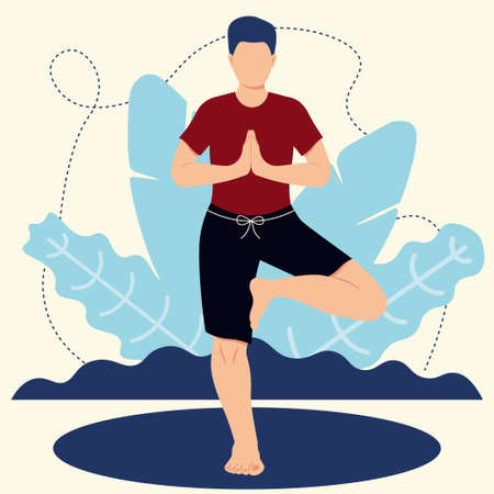 Boy In Vrikshasana Pose Concept Vector Illustration In Flat Styleのイラスト素材