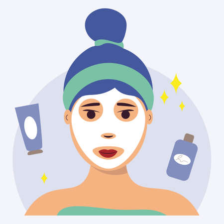 Portrait Of Girl With A White Moisturizing Mask Vector Illustration In Flat Styleのイラスト素材