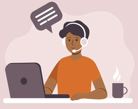 Call Center Operator Boy Is Working In Headphones With Microphone Vector Illustration In Flat Styleのイラスト素材