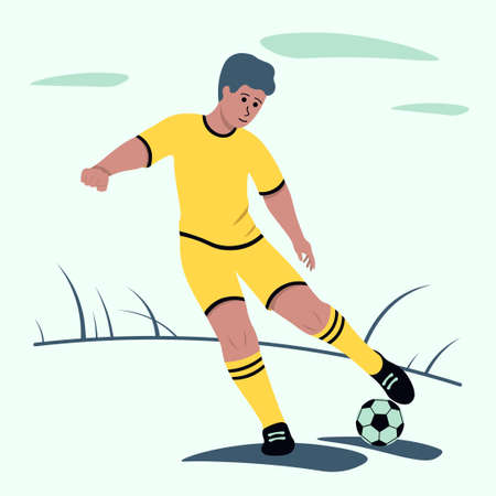 Boy With Blue Hair Is Playing Football Vector Illustration With Soccer Player In Flat Styleのイラスト素材
