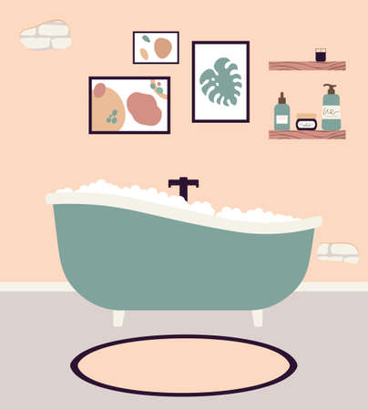 Concept Of Bathroom Pink Interior With Tub Vector Illustration In Flat Styleのイラスト素材