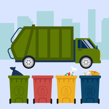Recycle Truck And Waste Sorting Bins Concept Vector Illustration In Flat Styleのイラスト素材