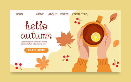 Hello Autumn Lettering On The Landing Page And Hands With Cup Of Tea Vector Illustration In Flat Styleのイラスト素材