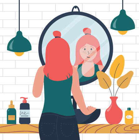 Girl Looking In The Mirror In The Bathroom. Skin Care Routine Vector Illustration In Flat Styleのイラスト素材