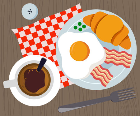 Top View Of Breakfast With Scrambled Eggs And Becon Vector Illustration In Flat Styleのイラスト素材