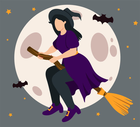 Witch On The Broomstick At The Night Halloween Vector Illustration In Flat Styleのイラスト素材