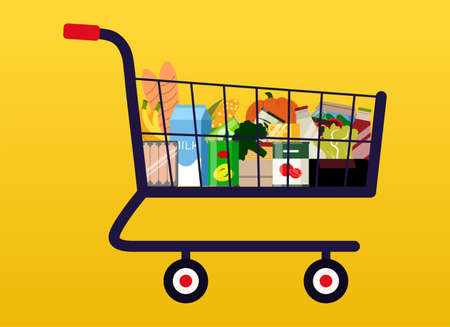 Shopping Trolley With Food On Yellow Background Vector Illustration In Flat Styleのイラスト素材