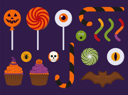 Set Of Halloween Candies For Kids Trick Or Treat Vector Illustration In Flat Styleのイラスト素材