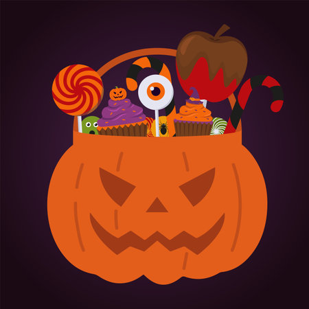 Halloween Pumpkin Basket With Candies For Trick Or Treat Vector Illustration In Flat Styleのイラスト素材