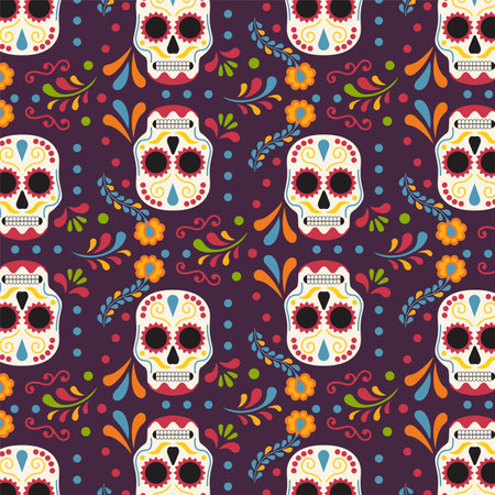 Mexican Pattern With Sugar Skulls For Day Of The Dead Vector Illustration In Flat Styleのイラスト素材