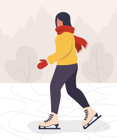 Woman Skating On Ice Winter Cozy Portrait Vector Illustration In Flat Styleのイラスト素材