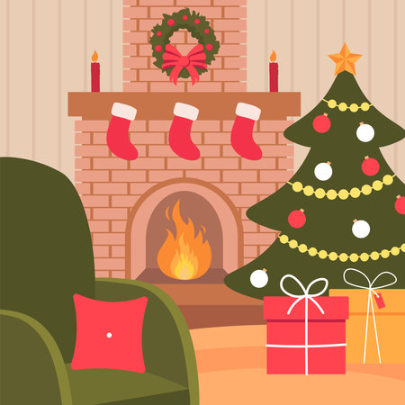 Cozy Christmas Interior With Fireplace In Pastel Colors Winter Vector Illustration In Flat Styleのイラスト素材