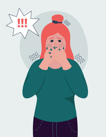 Scared Girl Close Her Mouth. Vector Illustration With Fear Emotion In Flat Styleのイラスト素材