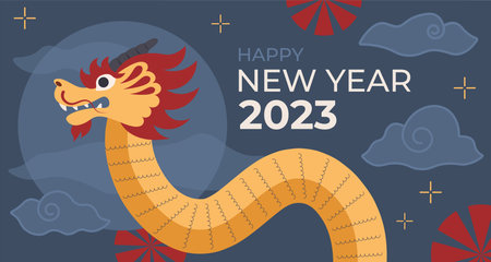 Concept Of Postcard With Dragon. Cogratulation With Chinese New Year Vector Illustration Flat Styleのイラスト素材