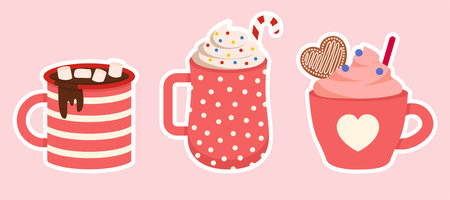 Set Of Valentines Beverages, Drinks With Marshmallow Vector Illustration With Hearts In Flat Styleのイラスト素材