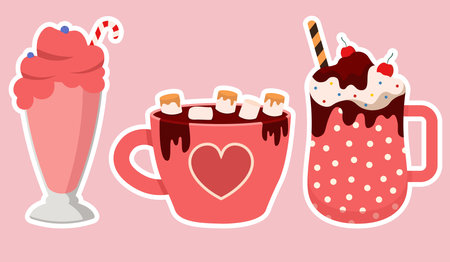 Collection Of Hot Drinks With Marshmallow And Cream Pink Vector Illustration With In Flat Styleのイラスト素材