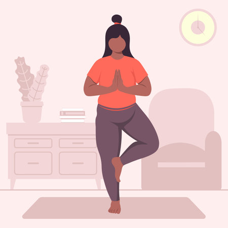 Black Skin Pregnant Woman Doing Vrikshasana Yoga At Home Vector Illustration In Flat Styleのイラスト素材