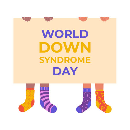 Children In Unpaired Socks Holding Banner For Down Syndrome Day Flat Style Vector Illustrationのイラスト素材