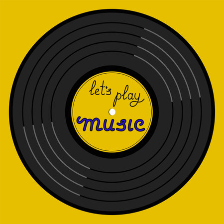 Lets Play Music Lettering Title On Vinyl Record, Yellow Background Vector Illustration In Flat Styleのイラスト素材