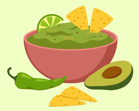 Guacamole In The Bowl With Avocado, Nachos, Pepper. Food Concept Vector Illustration In Flat Styleのイラスト素材