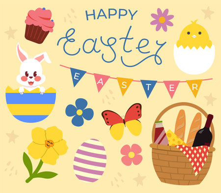 Collection Of Easter Decoration, Lettering, Basket, Rabbit, Chicken Flat Style Vector Illustrationのイラスト素材