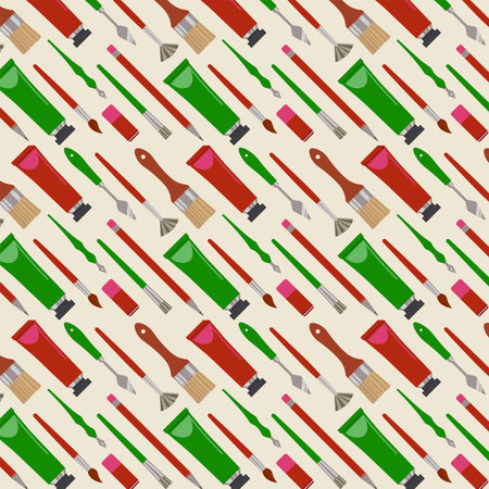 Diagonal Pattern With Artistic Tools. Decoration, Package, Background Flat Style Vector Illustrationのイラスト素材