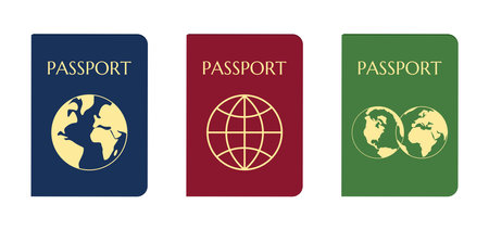 Collection Of Varicoloured Passports With Globes. Green, Blue, Red. Flat Style Vector Illustrationのイラスト素材