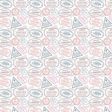 Travel Pattern With Different Countries And Cities Colorful Stamps. Flat Style Vector Illustrationのイラスト素材