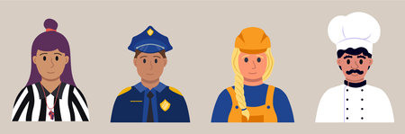 People Of Different Professions. Arbitator, Builder, Policeman, Chief Flat Style Vector Illustrationのイラスト素材